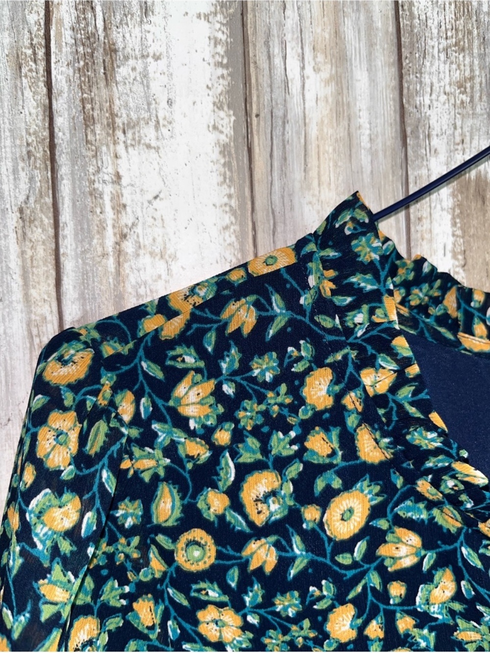 J.Crew Floral Ruffle Neck Blouse Small Blue Yellow Short Sleeve Top - Picture 6 of 7